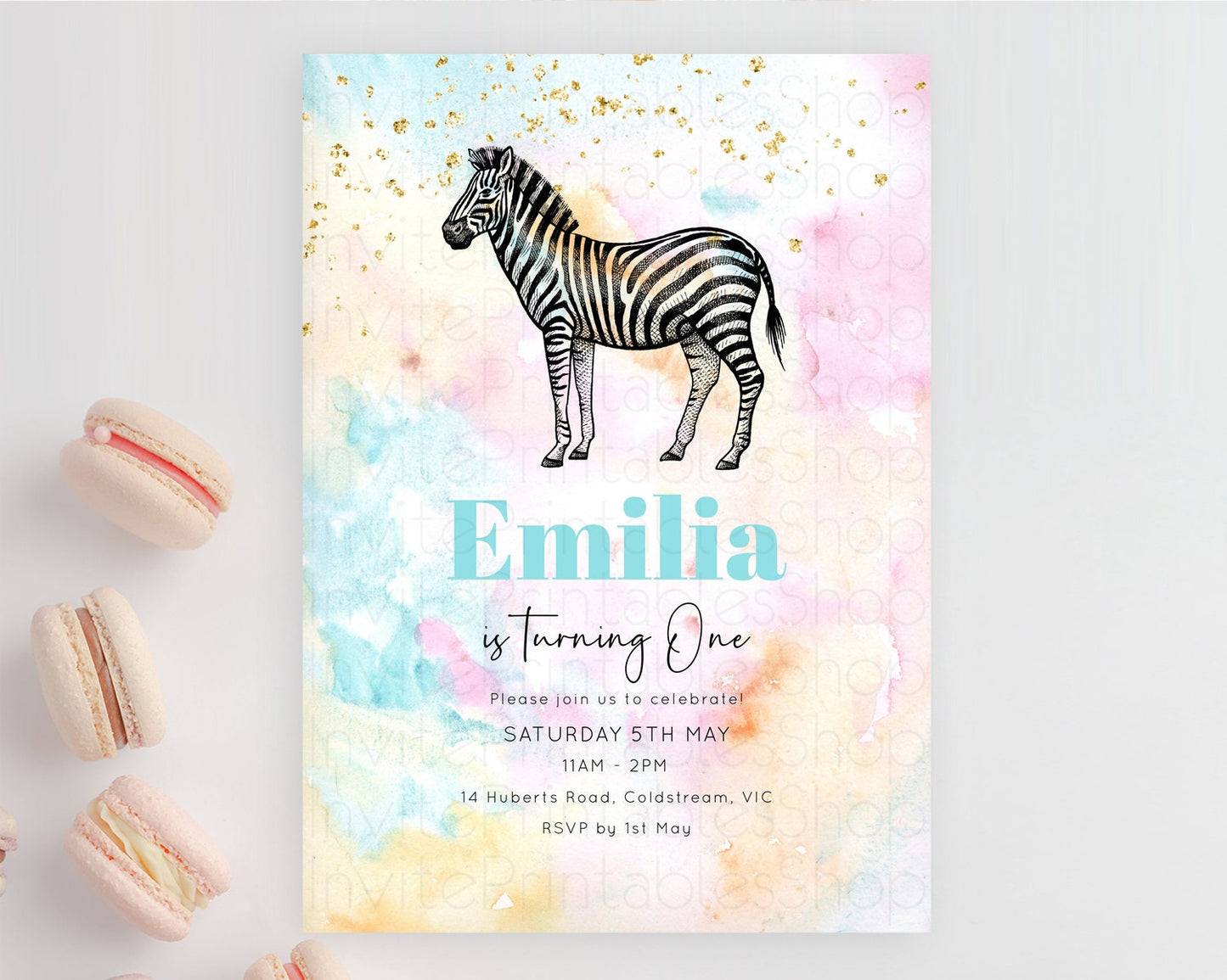 Pastel Zebra Birthday Invitation Pastel Zebra Invite Rainbow Zebra Invitation Colorful Watercolor Invite Safari Zoo Glitter Invite D10281