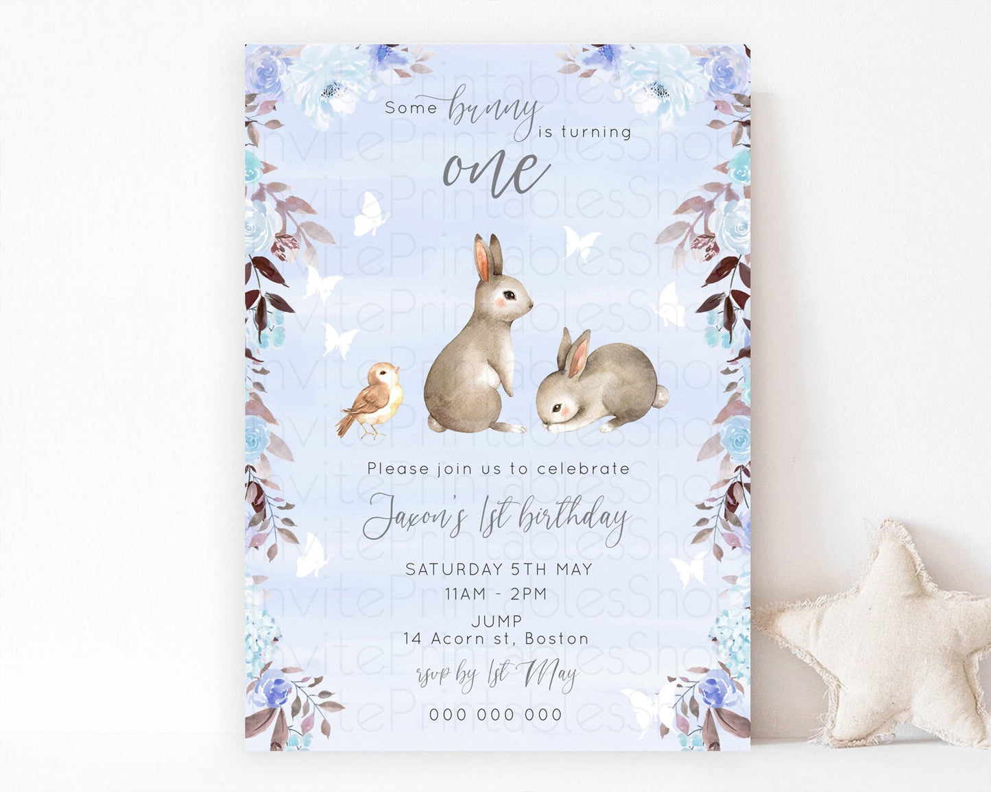 Bunny Birthday Invitation Floral Bunny Invitation Pastel Bunny Invites Pastel Watercolor Woodland Bunny Party 2nd 1st First Birthday D10923