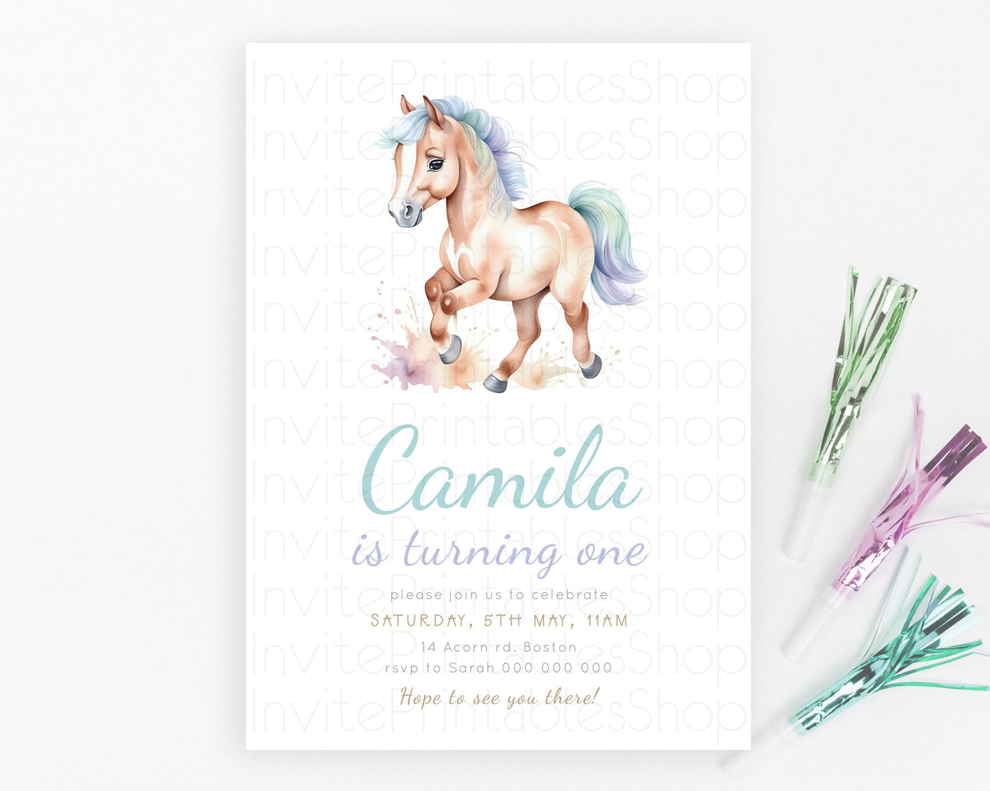 Horse Birthday Invitation, Galloping Wildflower Fields, Pastel Flowers, Butterflies, Flowers Accents for Equestrian & Cowgirls d23377