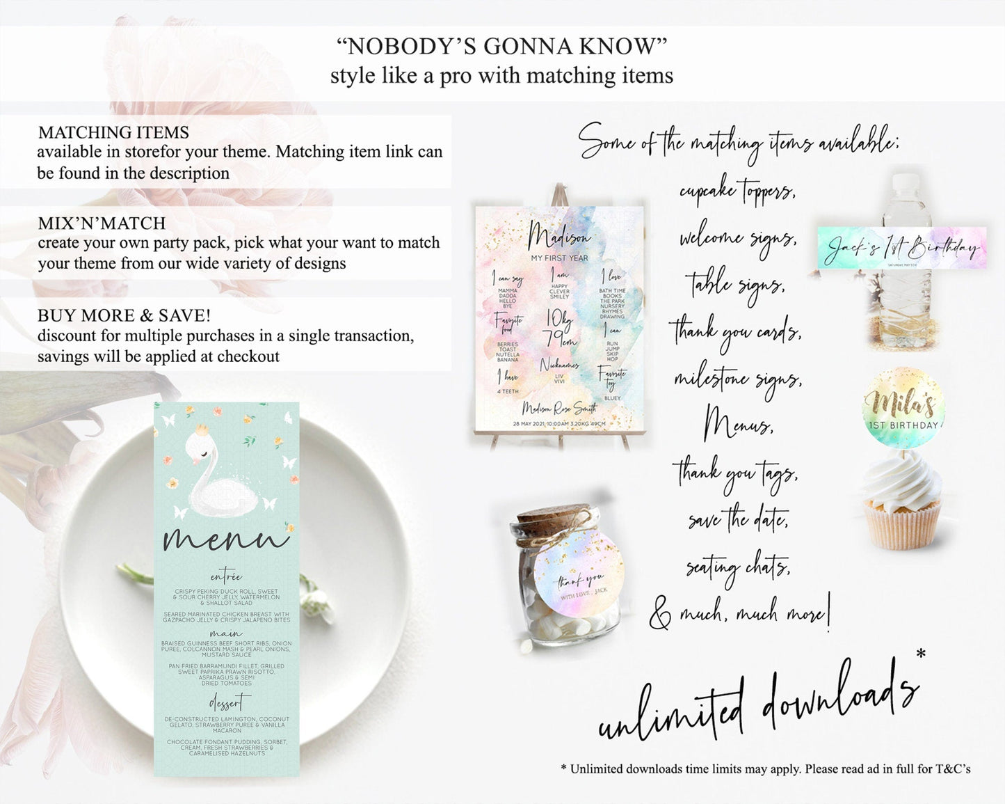 Swan Menu Swan Princess Ballet Menu Template Enchanted Swan Lake Table Decor Secret Garden Pastel Floral Dinner Dessert Food Menu D10905