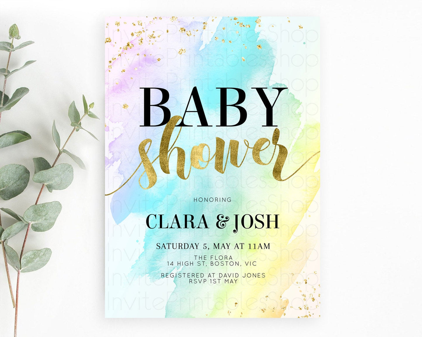 Pastel Baby Shower Invitation Rainbow Baby Shower Invitation Colorful Pastel Watercolor Invitation Gold Glitter Sprinkles Ombre D11026