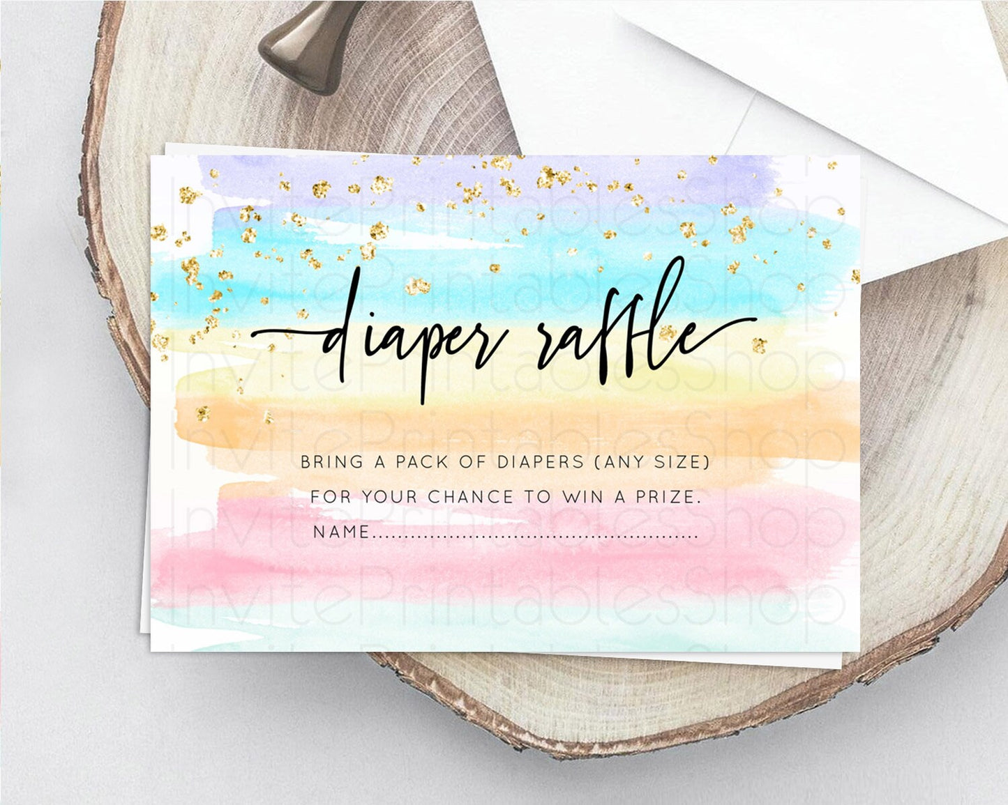 Pastel Diaper Raffle Card Pastel Rainbow Diaper Raffle Insert Colorful Ombre Watercolor Diaper Ticket Confetti Glitter Raffle Game D10505