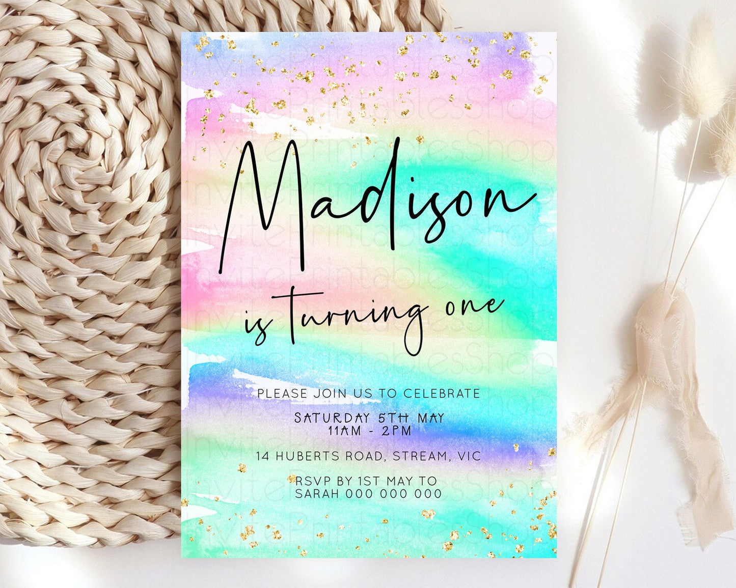 Pastel Birthday Invitation Ombre Watercolor Birthday Invitation Glitter Rainbow Color Splash 1st 2nd 3rd Birthday Invitation D23030