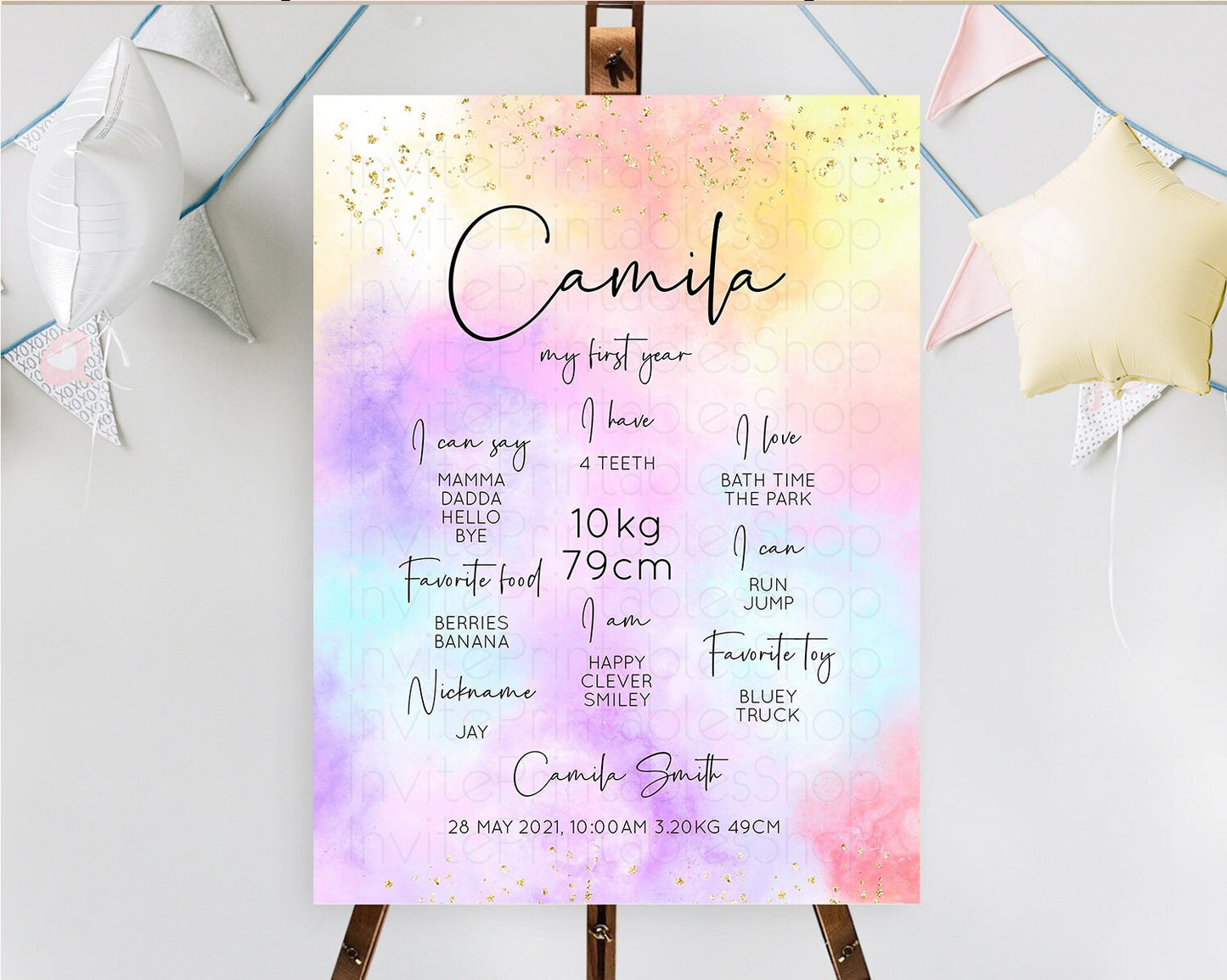 Pastel First Birthday Milestone Board Pastel Rainbow Milestone Poster Colorful Confetti Watercolor Glitter 1st Birthday Welcome Sign D10438