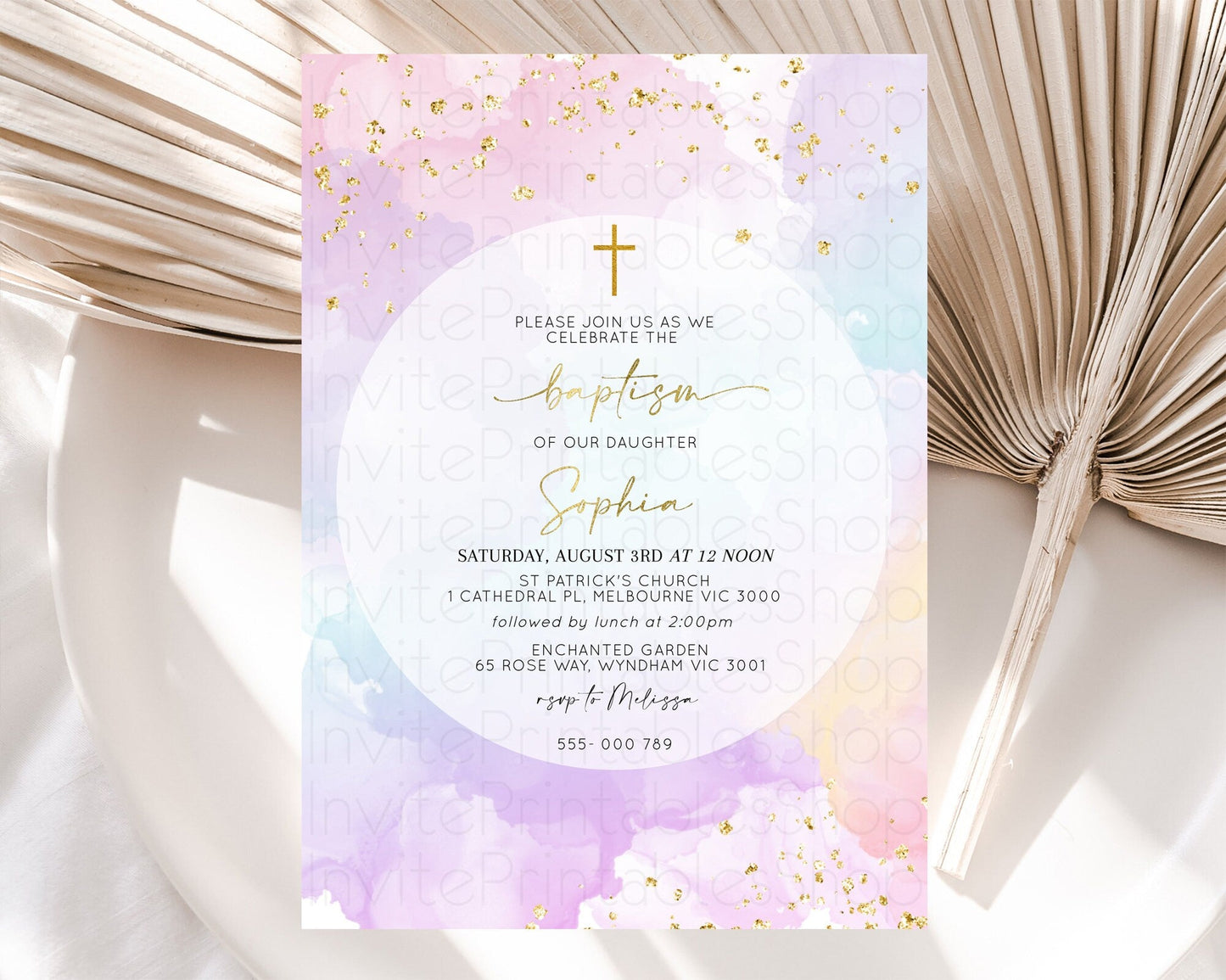Pastel Baptism Invitation Pastel Colors Watercolor Baptism 1st Birthday Party Gold Ombre Pastel Rainbow Christening Holy Communion D10623