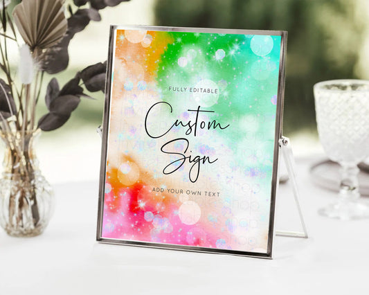 Editable Colorful Ombre Table Sign Decor Pastel Rainbow Watercolor Iridescen