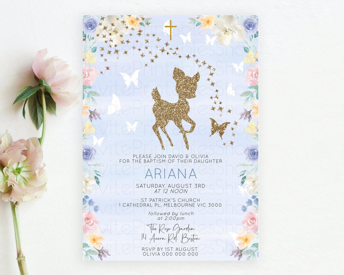 Fawn Baptism Invitation Deer Baptism 1st Birthday Invitation Enchanted Forest Christening Invitation Pastel Garden Butterfly Floral D10879