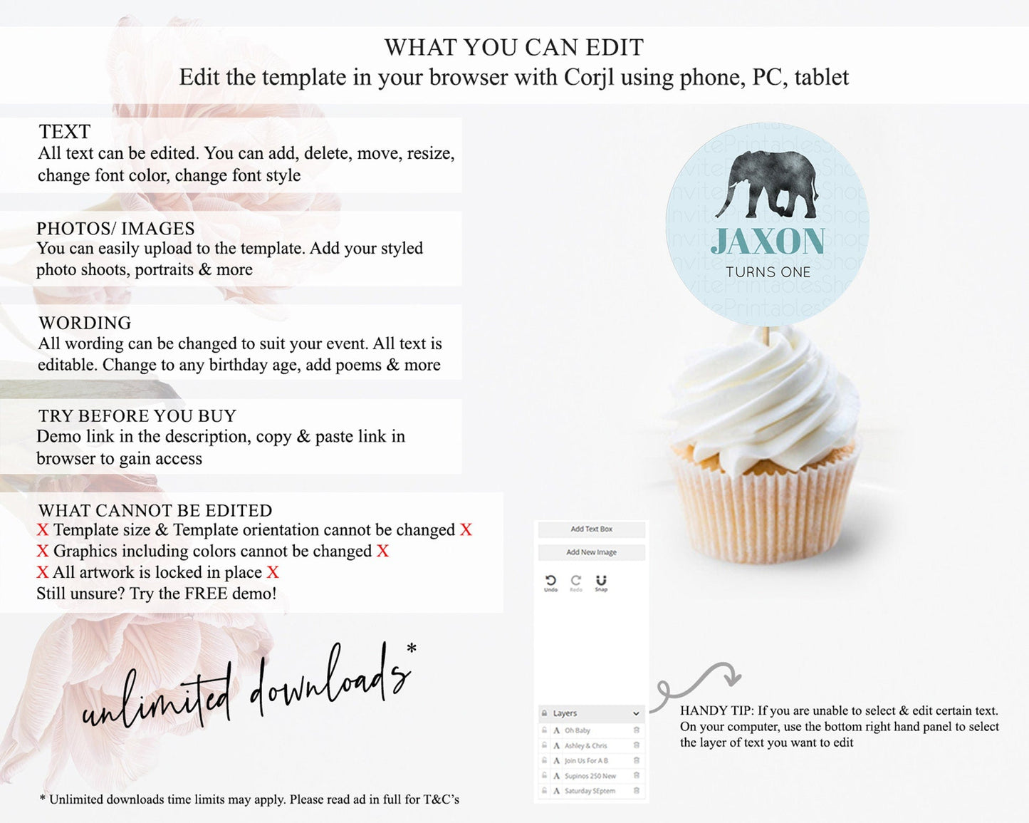 Elephant Cupcake Toppers Elephant Cupcake Elephant Party Safari Adventure Elephant Cupcake Topper Elephant Decor Zoo Fern Palm Leaf D10802
