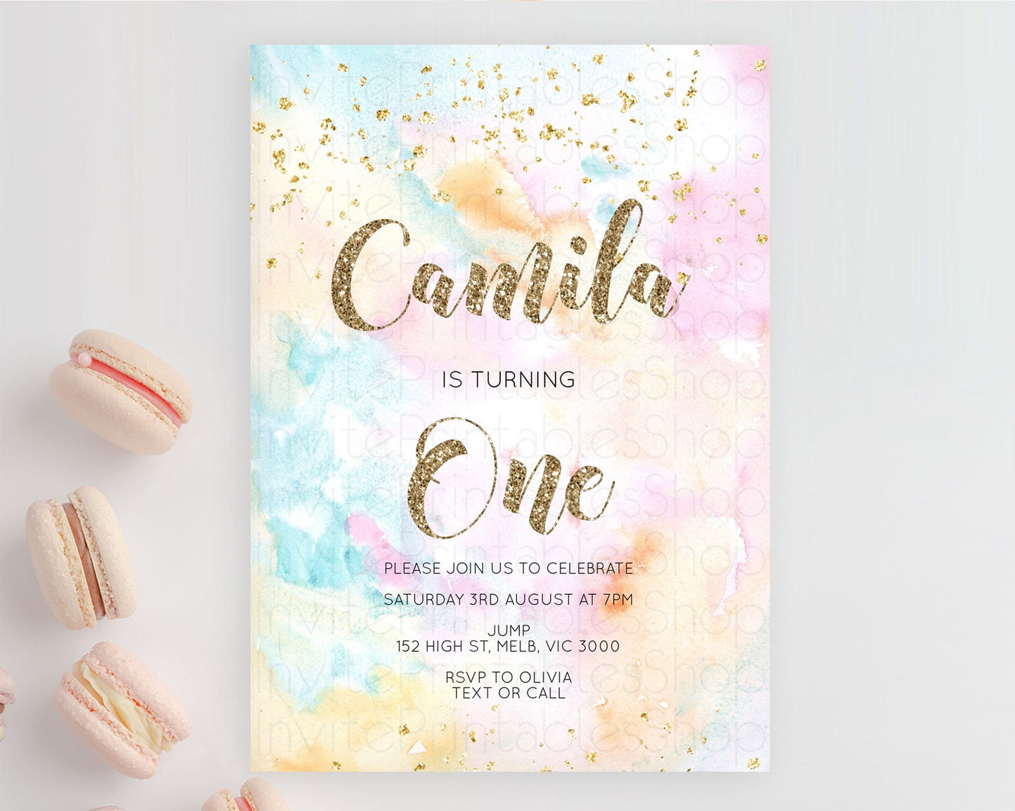 Rainbow Birthday Invitation Colorful Pastel Watercolor Invitation Gold Glitter Sprinkles Ombre Pastel 1st 2nd 3rd Birthday D10548