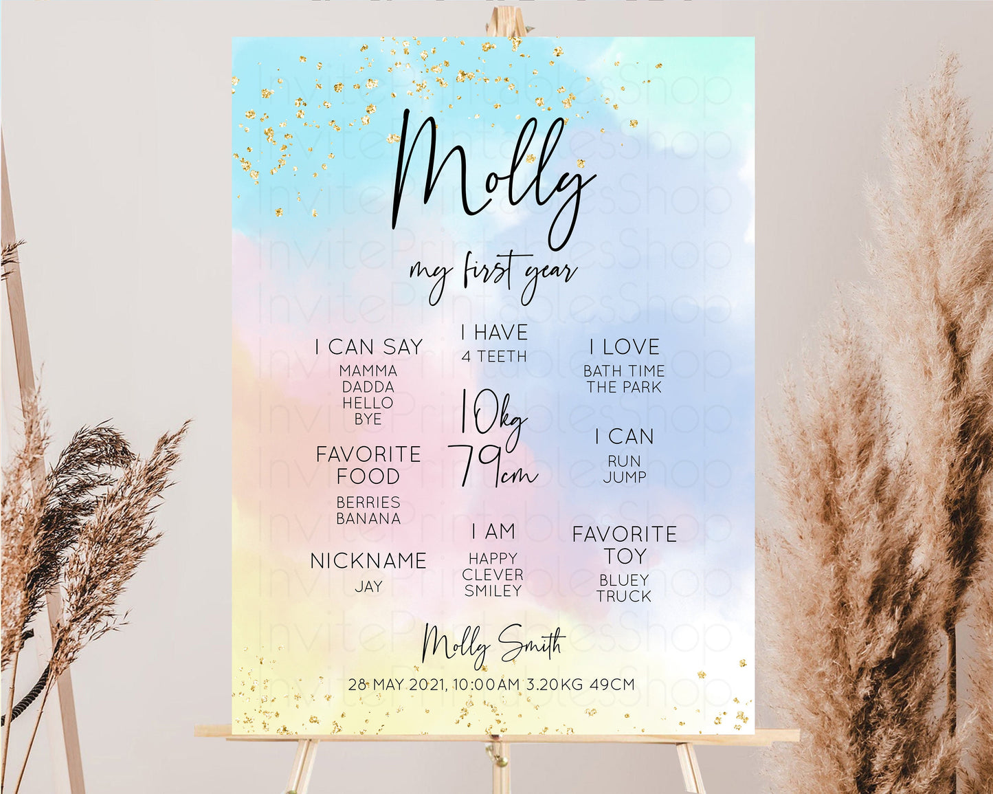 Pastel First Birthday Milestone Board Pastel Rainbow Milestone Poster Watercolor Glitter One Year Poster Colorful Splash Baby 1st Year 446
