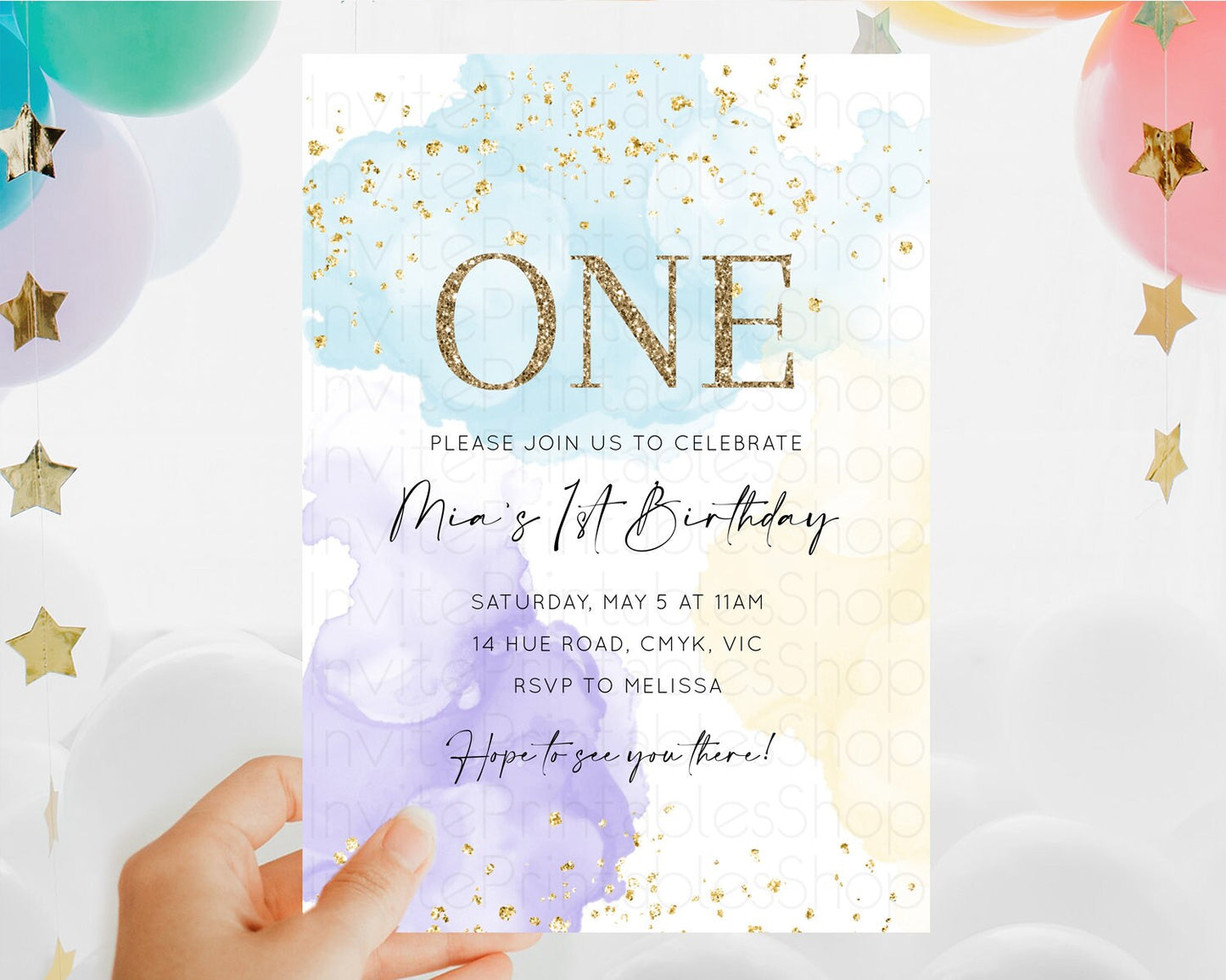 Rainbow Birthday Invitation Colorful Pastel Watercolor Invitation Gold Glitter Sprinkles Ombre Pastel 1st 2nd 3rd Birthday D10206