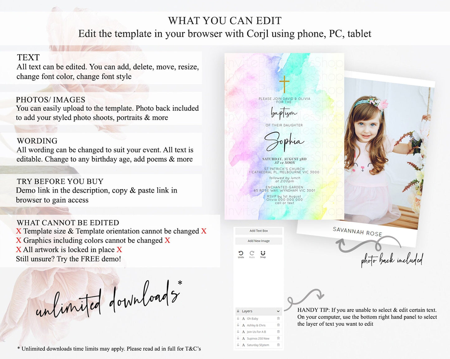 Pastel Baptism Invitation Pastel Colors Watercolor Baptism 1st Birthday Party Gold Ombre Pastel Rainbow Christening Holy Communion D10231