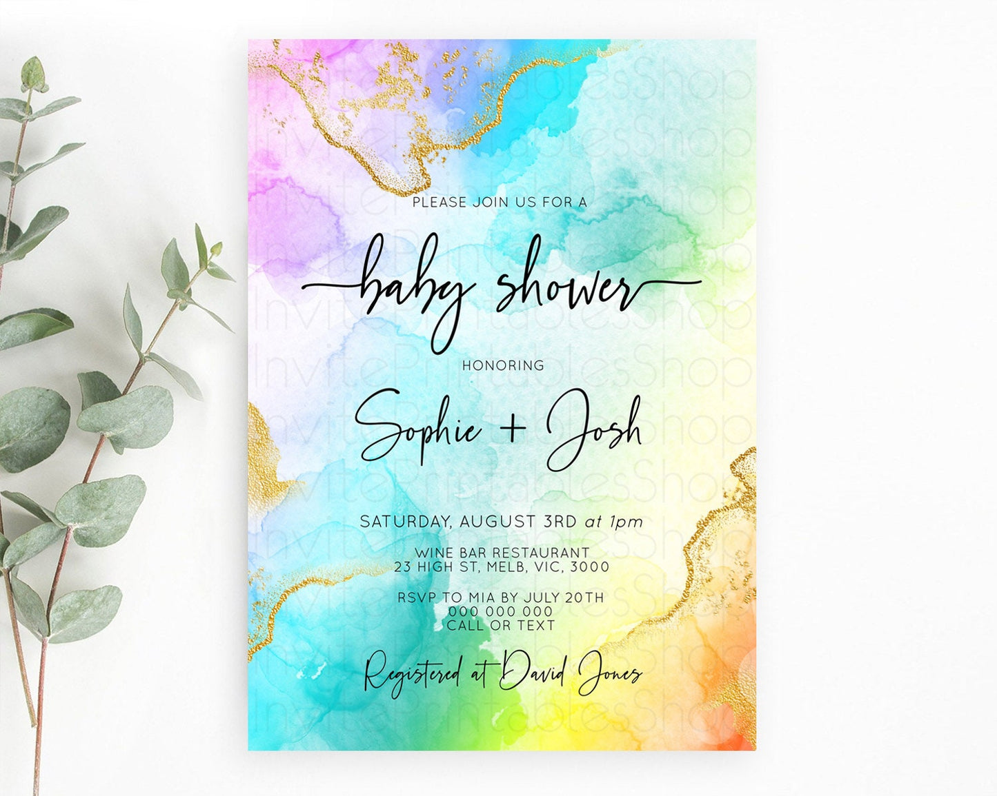 Pastel Baby Shower Invitation Rainbow Baby Shower Invitation Colorful Pastel Watercolor Invitation Gold Glitter Sprinkles Ombre D10390