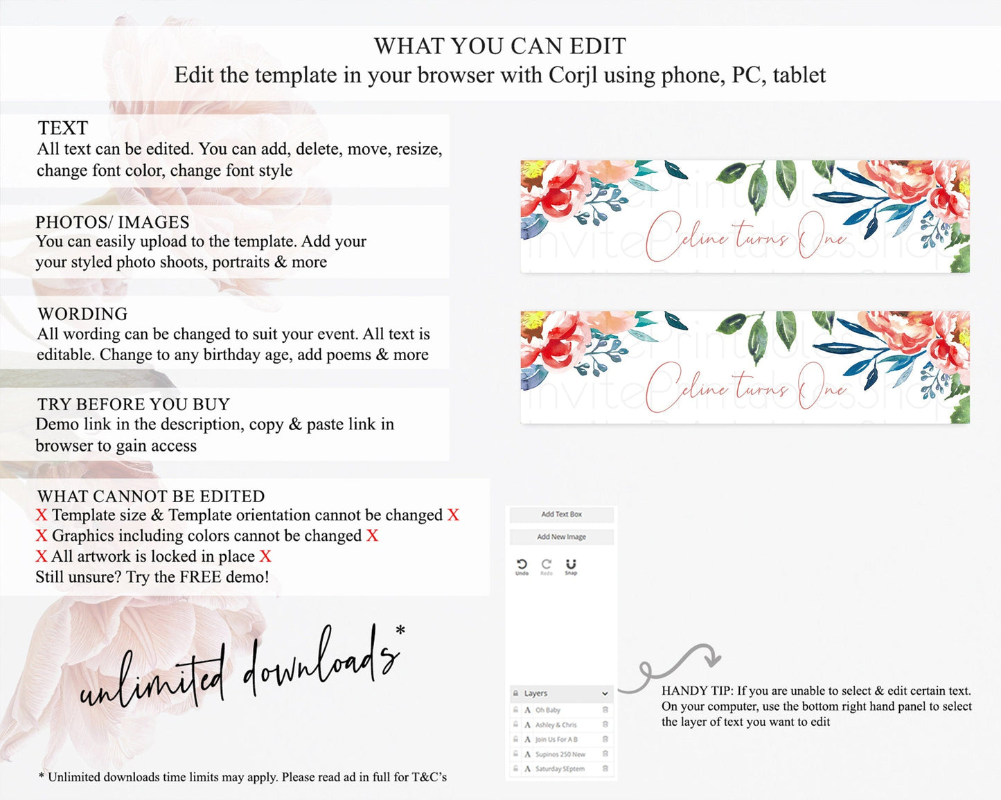 Wildflower Water Label Template Secret Garden Water Label Pastel Floral Garden Party Decor Boho Flowers Birthday Baby Shower Wedding D10751