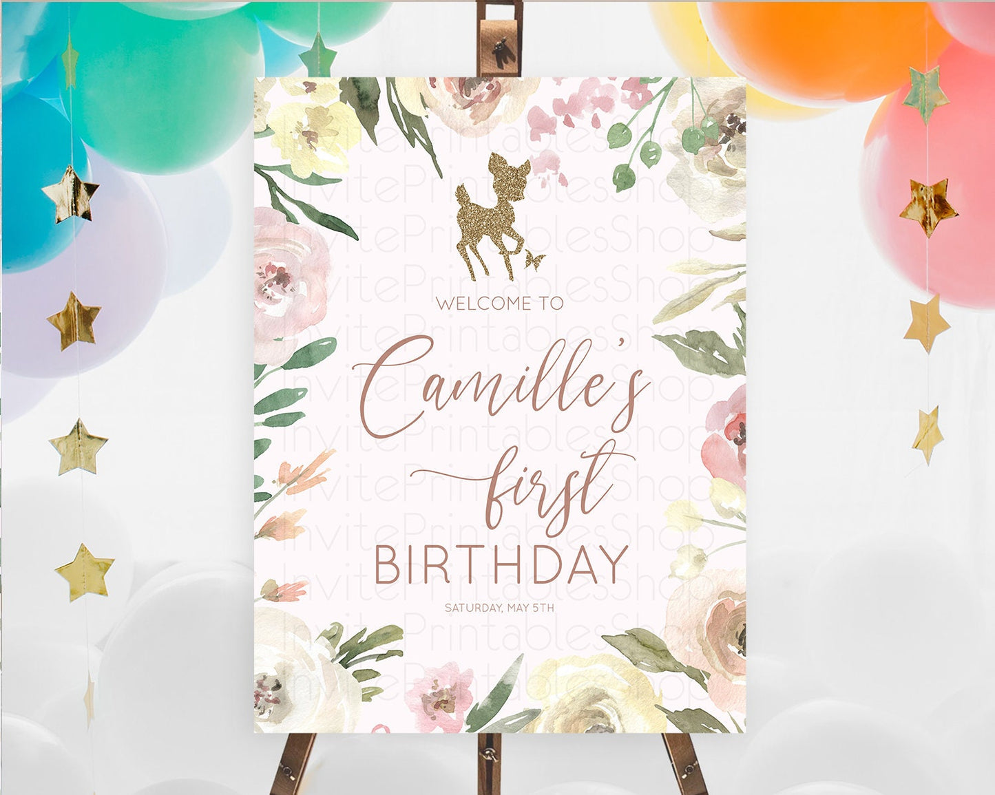 Fawn Welcome Sign Deer Welcome Board Floral Deer Welcome Poster Enchanted Forest Butterfly Pastel Floral First Birthday Welcome Sign D10193