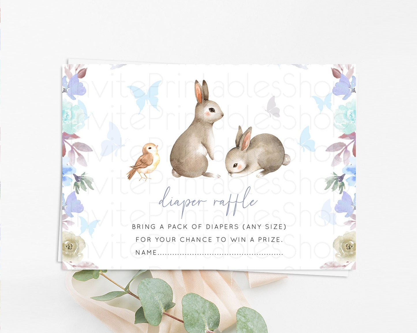 Bunny Diaper Raffle Card Floral Bunny Diaper Raffle Insert Pastel Flowers Woodland Bunny Diaper Ticket Forest Bunny Raffle Game D10927