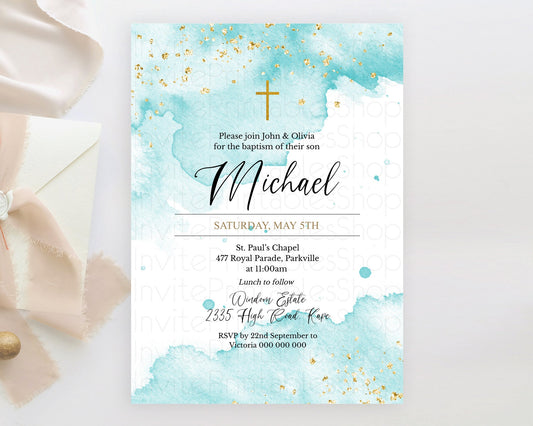 Blue Baptism Invitation Blue Watercolor Baptism 1st Birthday Invitation Pastel Blue Watercolor Christening Invite Blue Splash D10329