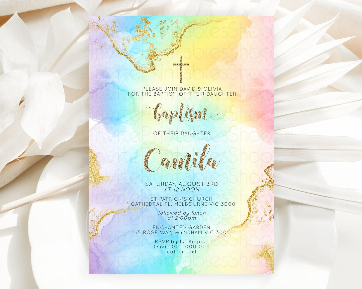 Pastel Baptism Invitation Pastel Colors Watercolor Baptism 1st Birthday Party Gold Ombre Pastel Rainbow Christening Holy Communion D10589