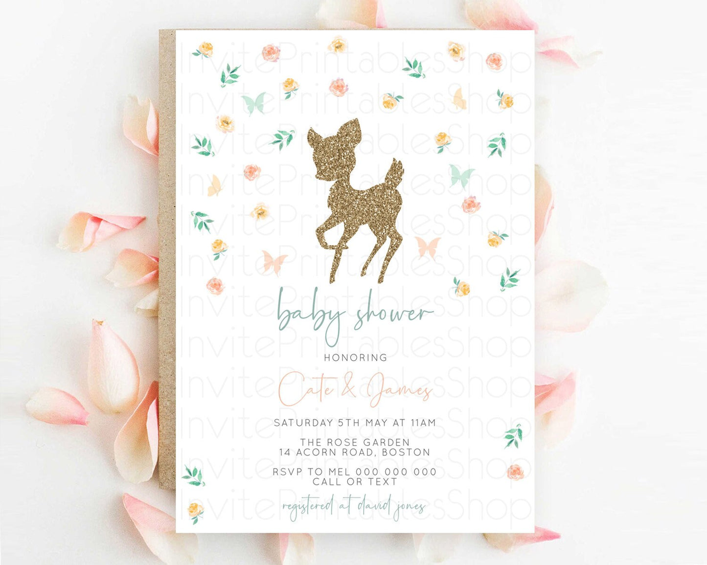 Fawn Baby Shower Invitation: Enchanted Forest, Secret Garden, Glitter, Deer, Butterfly, Pastel Flowers, Whimsical Floral Orange Green D10355