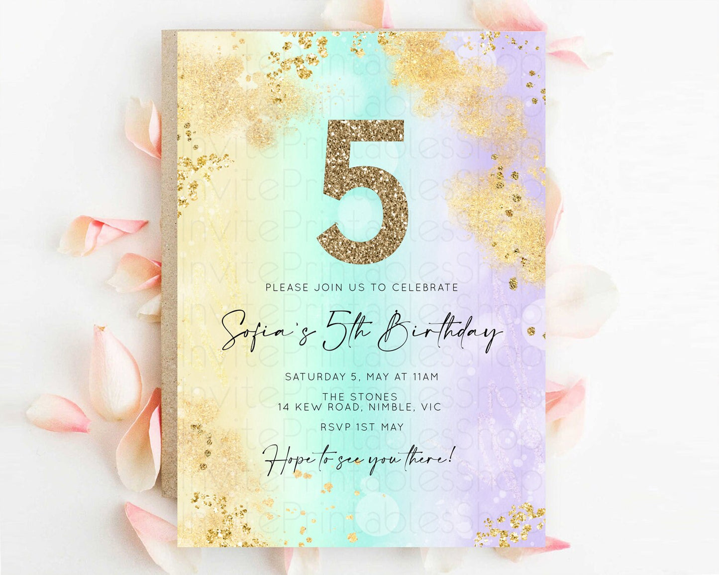 Rainbow Birthday Invitation Colorful Pastel Watercolor Invitation Gold Glitter Sprinkles Ombre Pastel 1st 2nd 3rd Birthday D10672