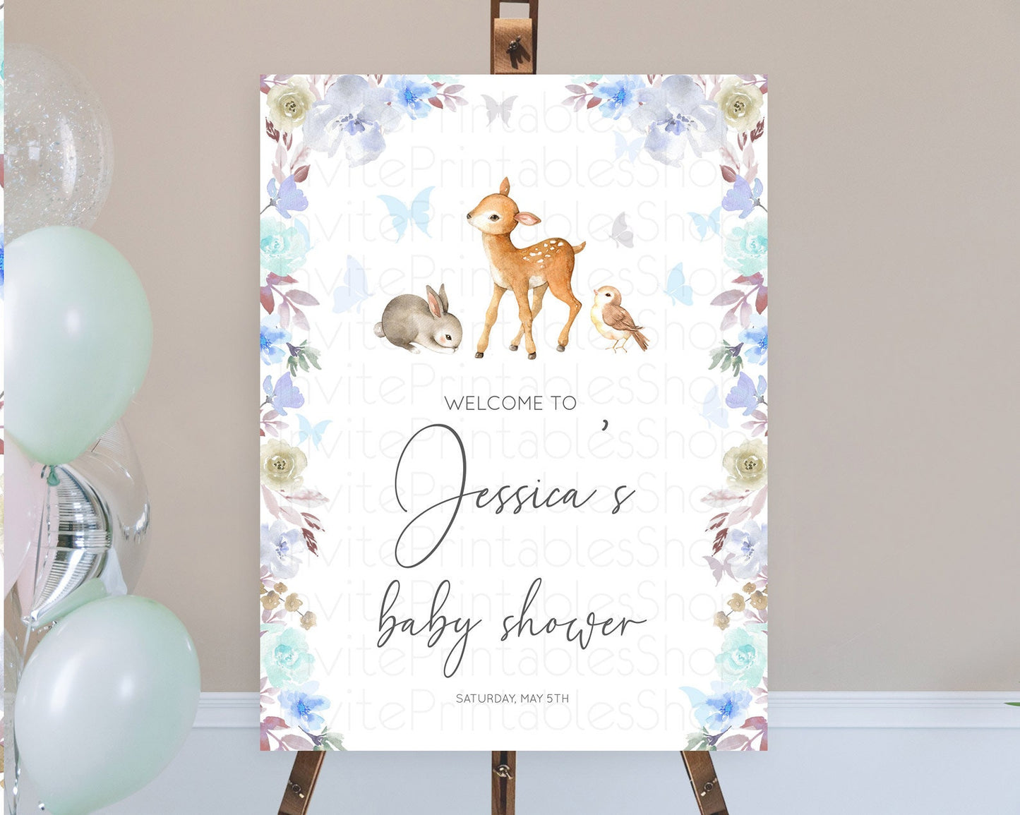 Fawn Baby Shower Welcome Sign Deer Welcome Board Floral Deer Welcome Poster Enchanted Forest Butterfly Pastel Floral Welcome Sign D10929