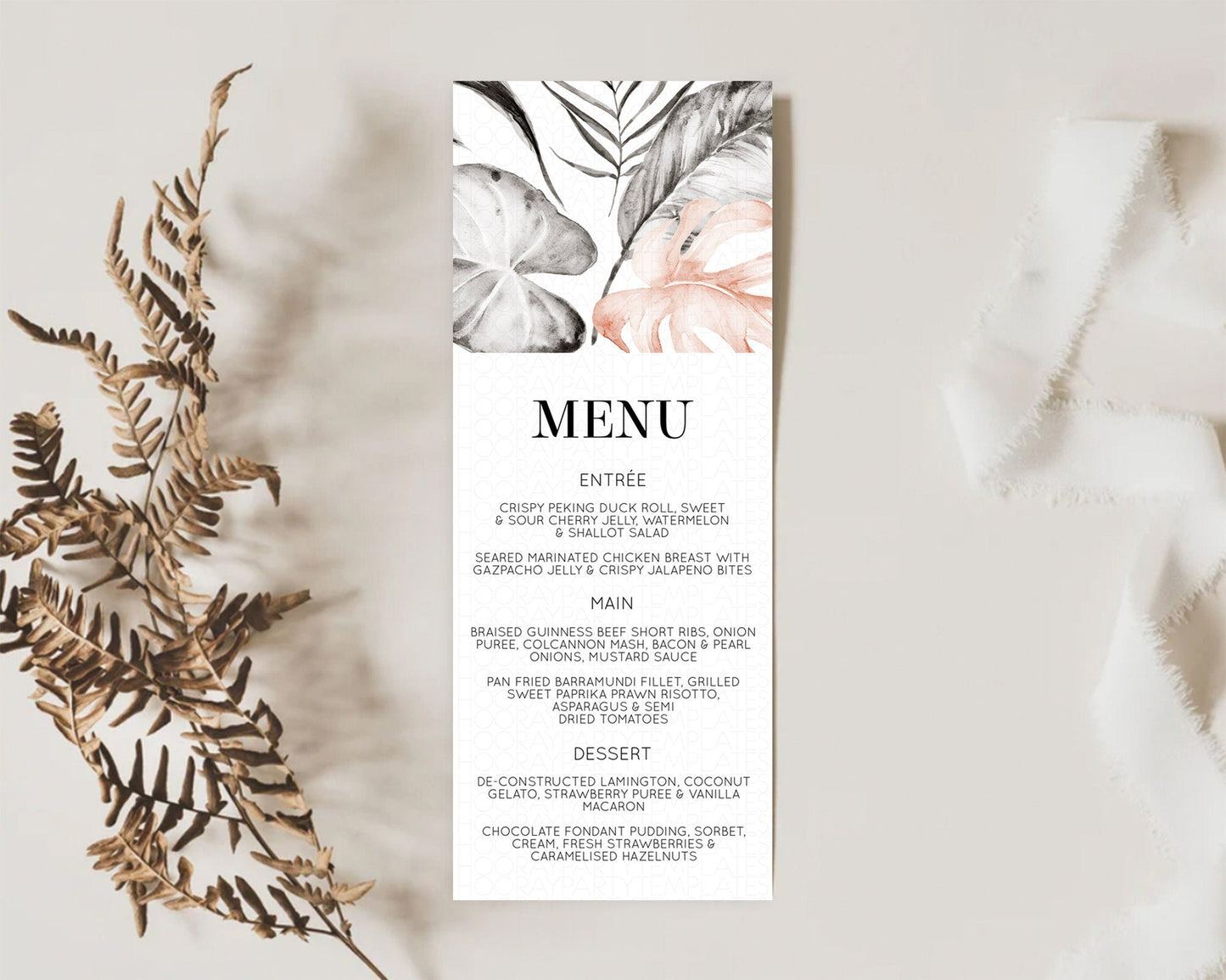 Tropical Menu Template Tropical Menu Palm Leaf Fern Table Decor Frangipani Floral White Orchid Dinner Dessert Menu Party Food Menu D11065