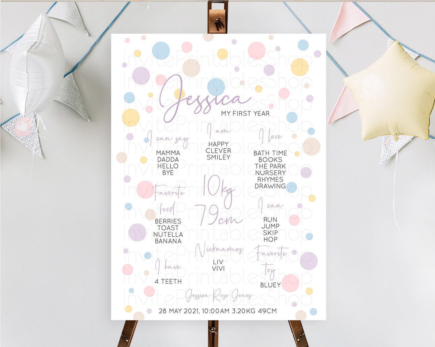 Pastel First Birthday Milestone Poster Pastel Rainbow Confetti First Birthday Milestone Board Colorful Bubbles Birthday Welcome Sign D10759