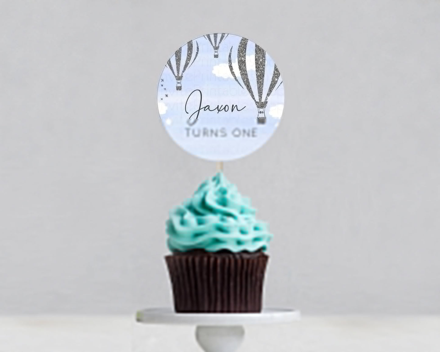 Hot Air Balloon Cupcake Toppers Adventure Awaits Up & Away Glitter Blue Watercolor Cupcake Topper Hot Air Balloon Party Decor D10334
