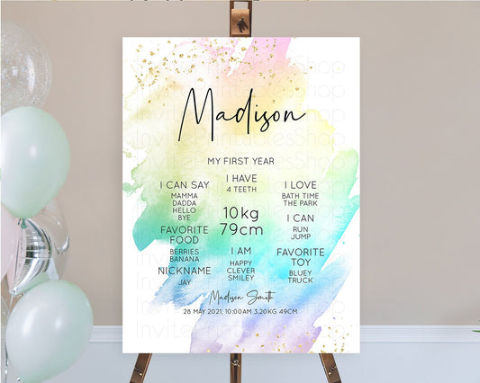 Pastel First Birthday Milestone Board Pastel Rainbow Milestone Poster Colorful Confetti Watercolor Glitter 1st Birthday Welcome Sign D10279