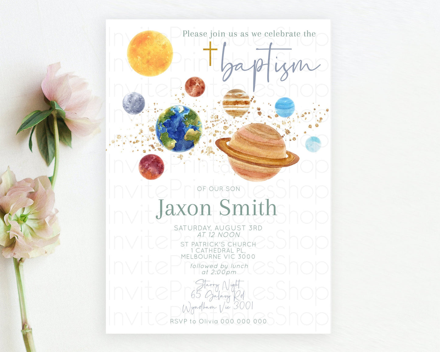 Space Baptism Invitation Space Baptism 1st Birthday Invitation Sun Planets Milkyway Solar System Christening Invitation D10598