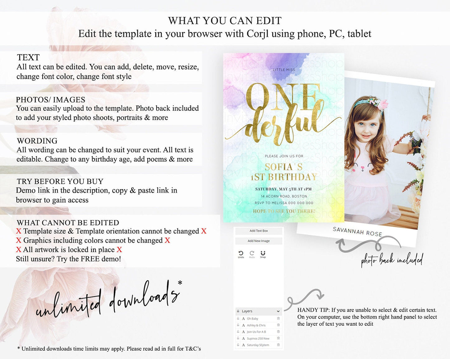ONEderful Rainbow Birthday Invitation Colorful Pastel Watercolor Invitation Gold Glitter Sprinkles Ombre Pastel 1st Birthday D11024