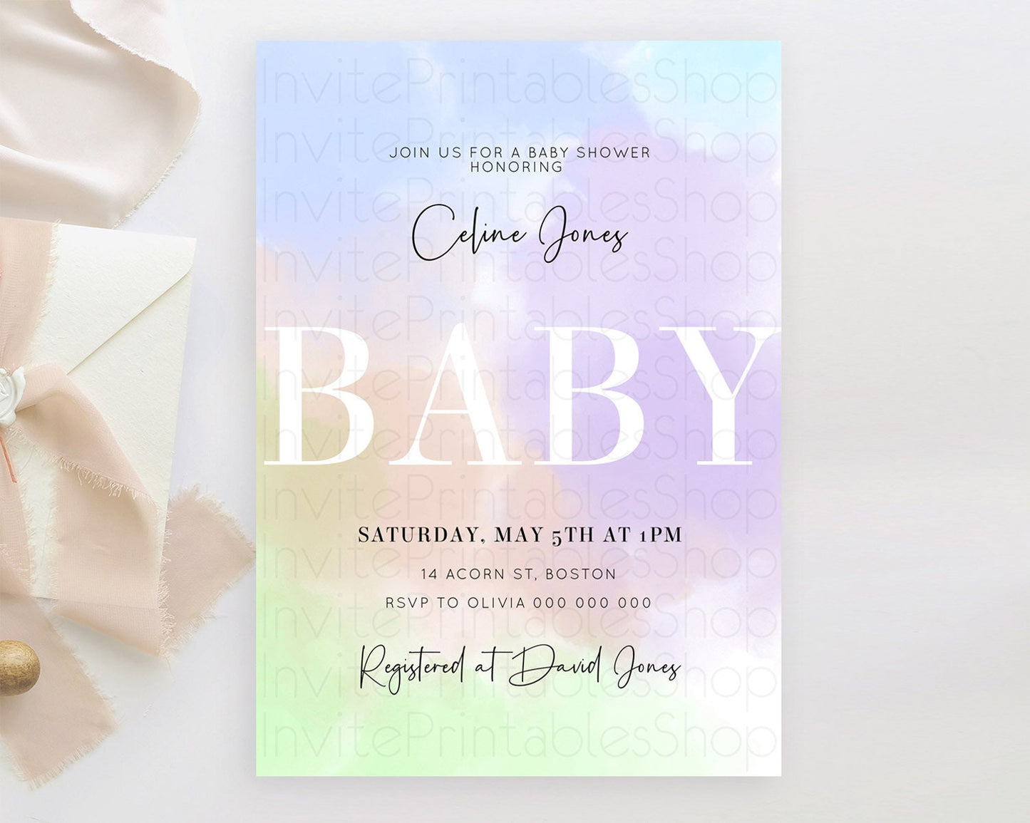 Pastel Baby Shower Invitation Rainbow Baby Shower Invitation Colorful Pastel Watercolor Invitation Gold Glitter Sprinkles Ombre D10371