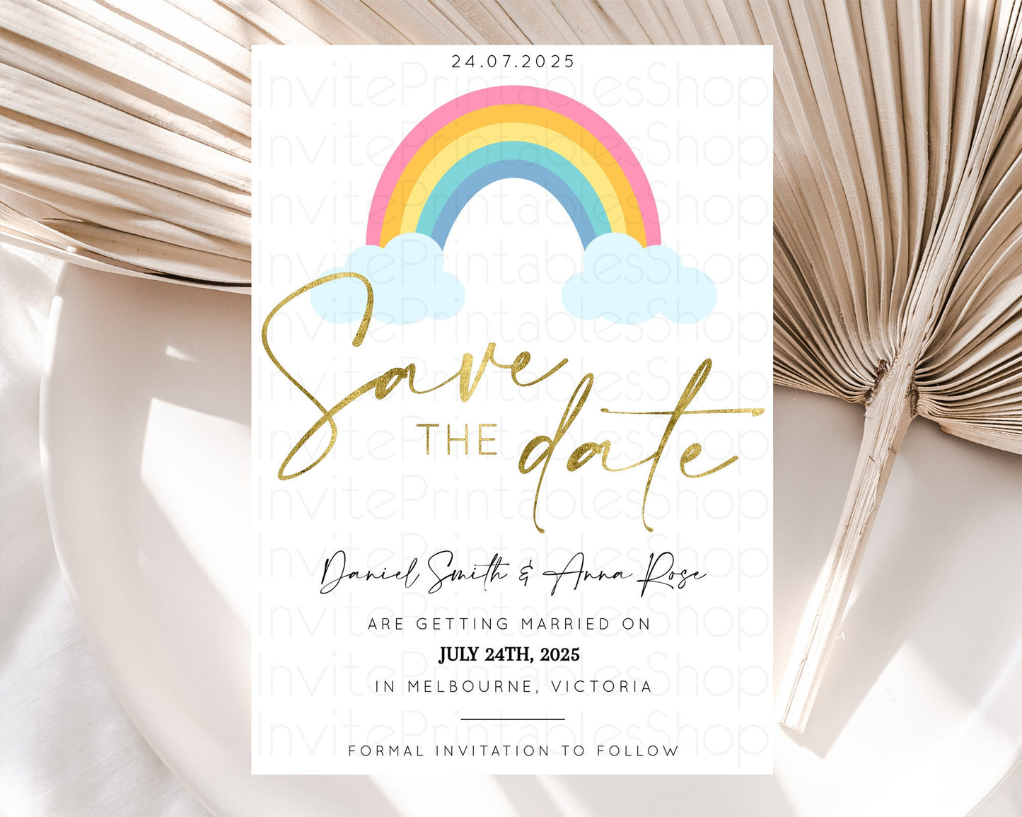 Pastel Rainbow Save The Date Template Boho Colorful Rainbow Party Rainbow Baby Theme For 1st Birthday Baptism Baby Shower Wedding D10123