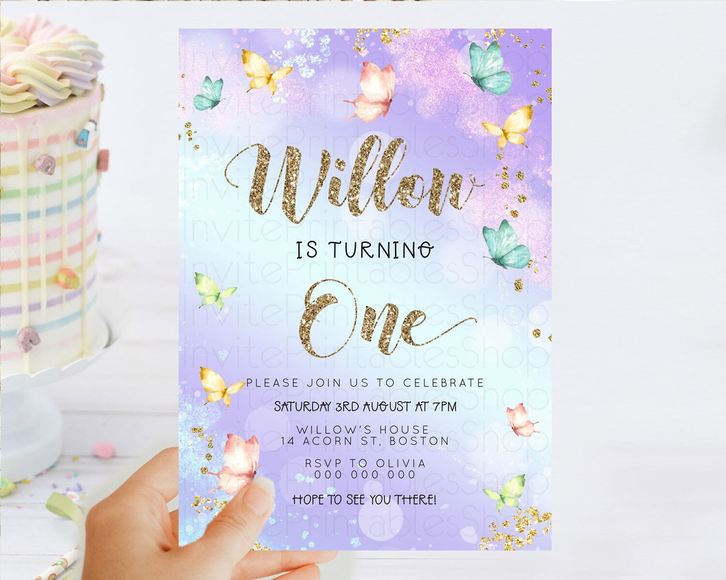 Pastel Butterfly Birthday Invitation Butterfly Birthday Invitation Colorful Splash Glitter Butterfly Garden 1st 2nd Birthday D23082