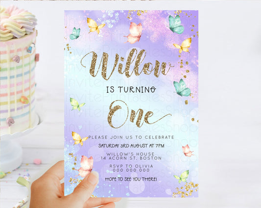 Pastel Butterfly Birthday Invitation Butterfly Birthday Invitation Colorful Splash Glitter Butterfly Garden 1st 2nd Birthday D23082