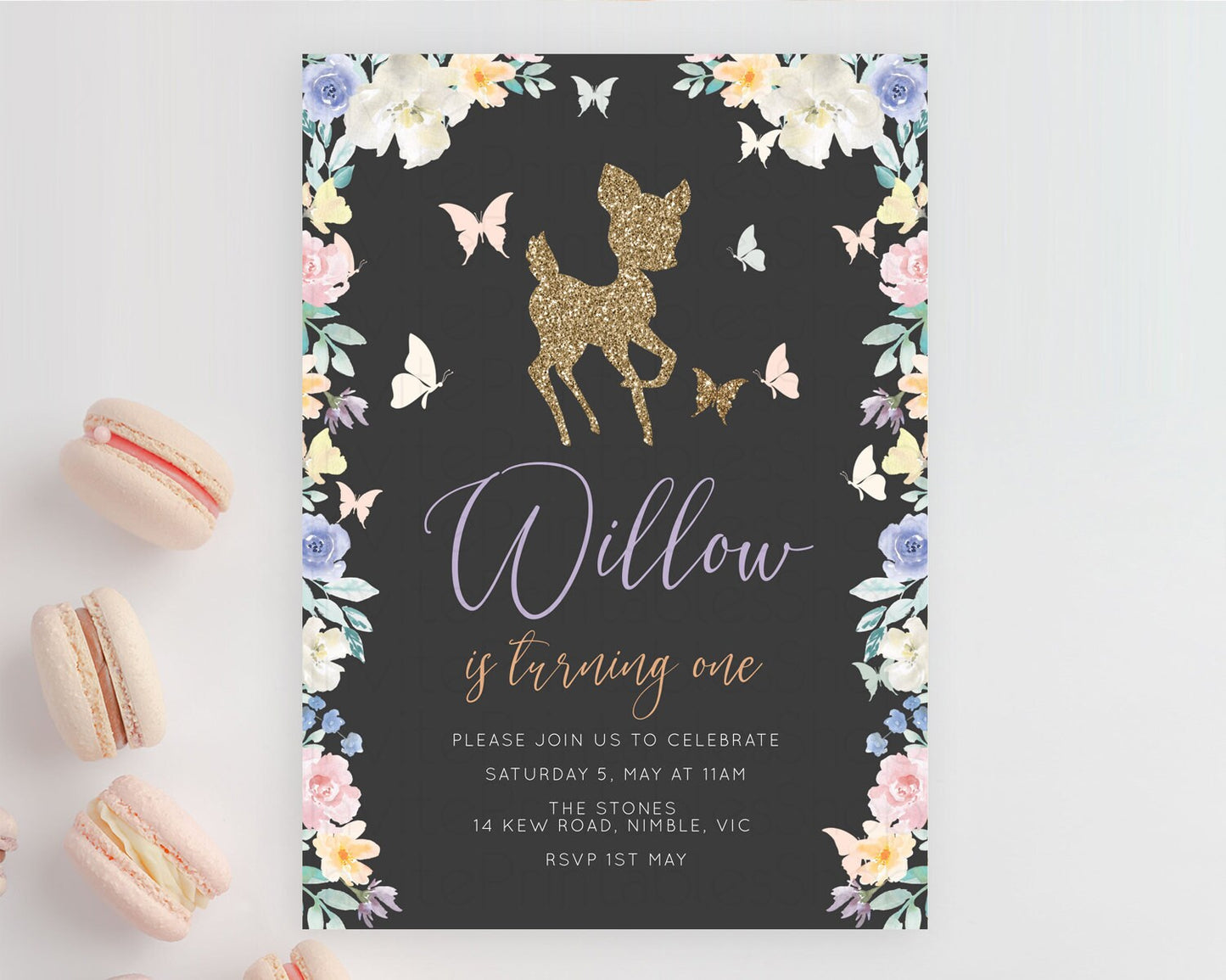 Fawn Birthday Invitation Deer Birthday Invitation Enchanted Forest Party Butterfly Pastel Flowers Whimsical 2nd 1st First Birthday D10323
