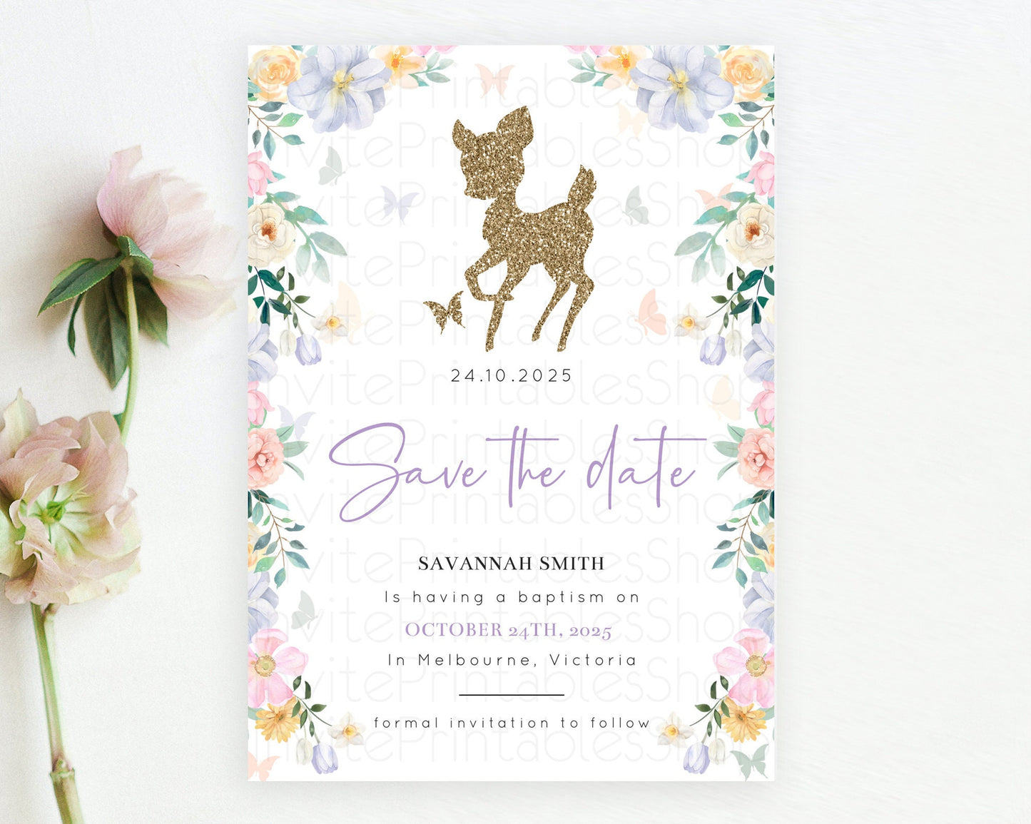 Fawn Deer Save The Date Template Pastel Floral Deer Enchanted Forest Butterfly Party 1st Birthday Baptism Baby Shower Bridal Shower D10477