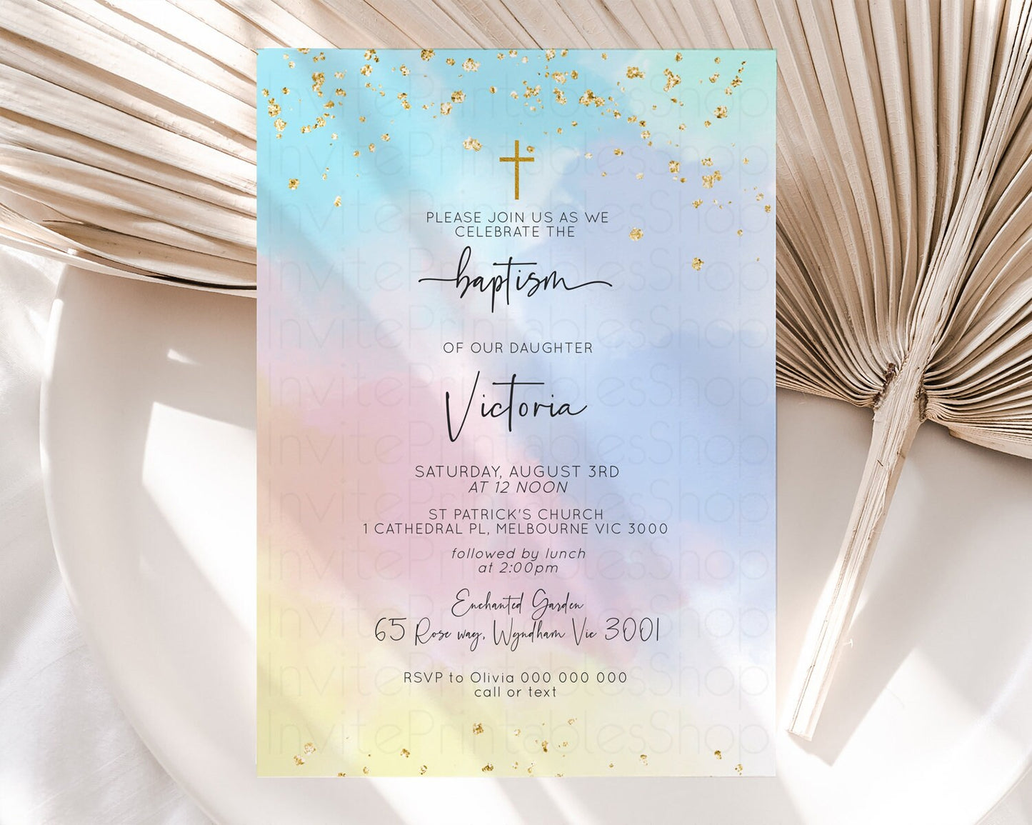 Rainbow Baptism invitation Pastel Rainbow Christening Invite Ombre Watercolor Invite Cloud Gold Sprinkles Splash Cross Religious Invite 446