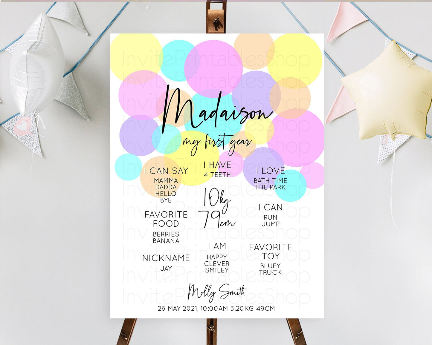 Pastel First Birthday Milestone Poster Pastel Rainbow Confetti First Birthday Milestone Board Colorful Bubbles Birthday Welcome Sign D10407