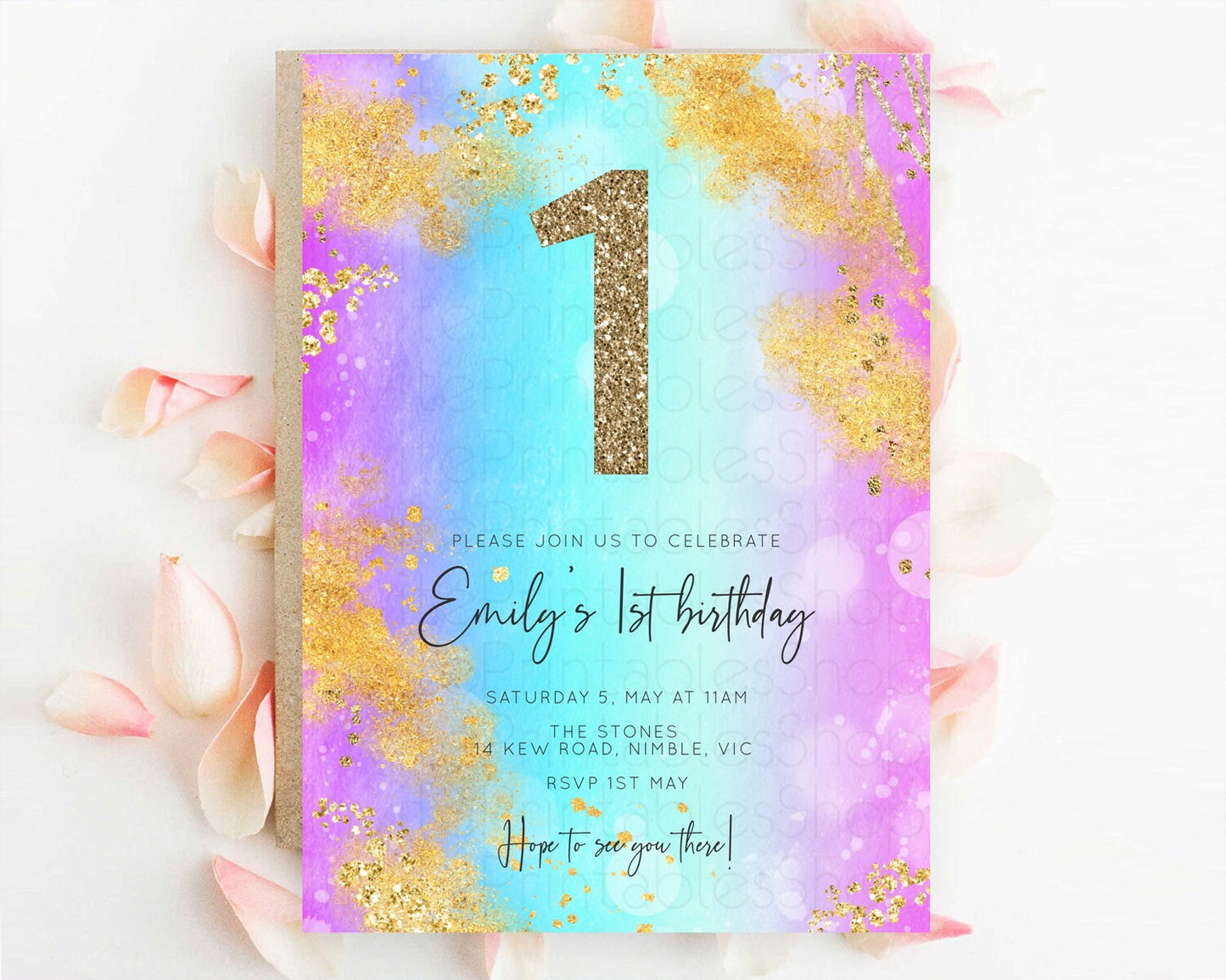Rainbow Birthday Invitation Colorful Pastel Watercolor Invitation Gold Glitter Sprinkles Ombre Pastel 1st 2nd 3rd Birthday D10564