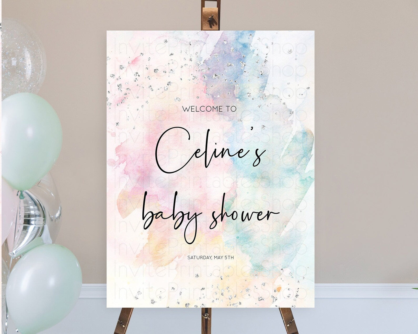Pastel Rainbow Baby Shower Welcome Sign Pastel Welcome Board Pastel Colorful Party Poster Confetti Watercolor Silver Welcome Sign D10945