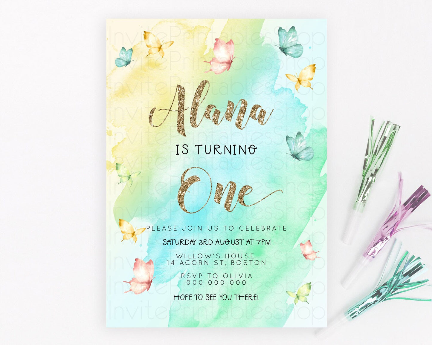 Pastel Butterfly Birthday Invitation Butterfly Birthday Invitation Colorful Splash Glitter Butterfly Garden 1st 2nd Birthday D23242