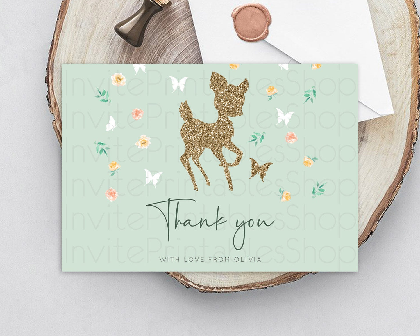 Fawn Thank You Deer Thank You Card Pastel Floral Deer Birthday Thank You Card Enchanted Forest Butterfly Deer Teacher Thank You Card D10385