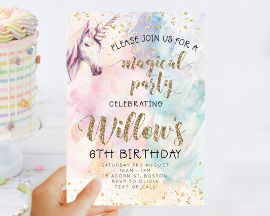 Unicorn Rainbow Birthday Invitation Pastel Birthday Invite Magical Ombre Invite Colorful Watercolor Invite Glitter Sprinkle Party D10912