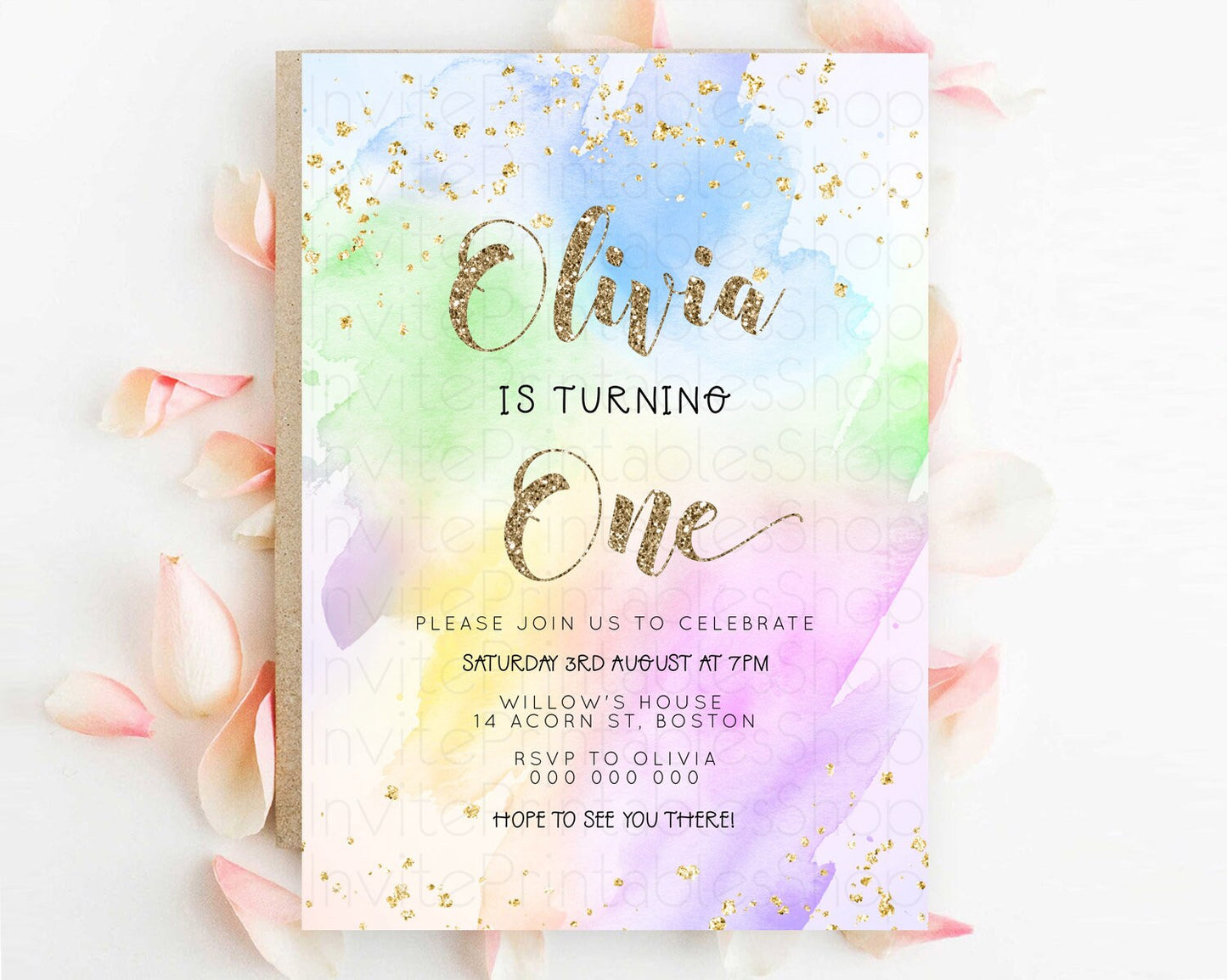 Rainbow Birthday Invitation Colorful Pastel Watercolor Invitation Gold Glitter Sprinkles Ombre Pastel 1st 2nd 3rd Birthday D23304