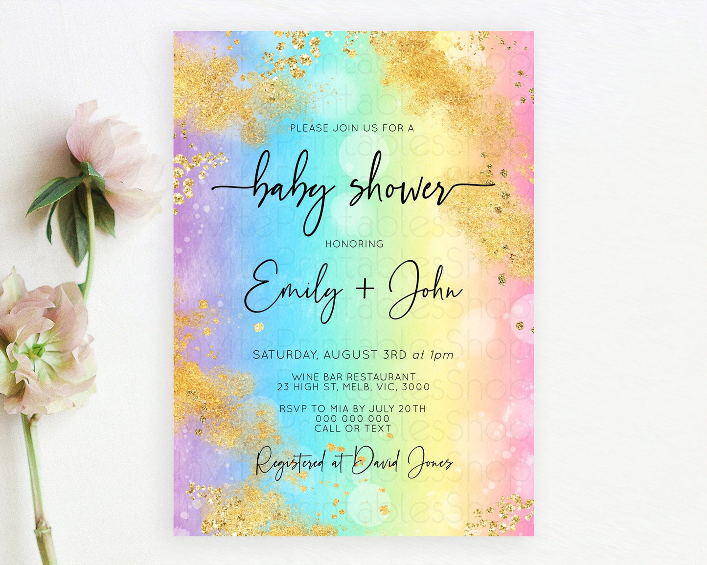 Pastel Baby Shower Invitation Rainbow Baby Shower Invitation Colorful Pastel Watercolor Invitation Gold Glitter Sprinkles Ombre D10559