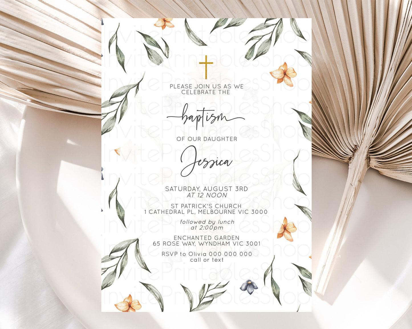 Leafy Baptism Invitation Leafy Simple Greenery Baptism 1st Birthday Invitation Eucalyptus Fern Spray Leaves Green Leaf Watercolour D10544