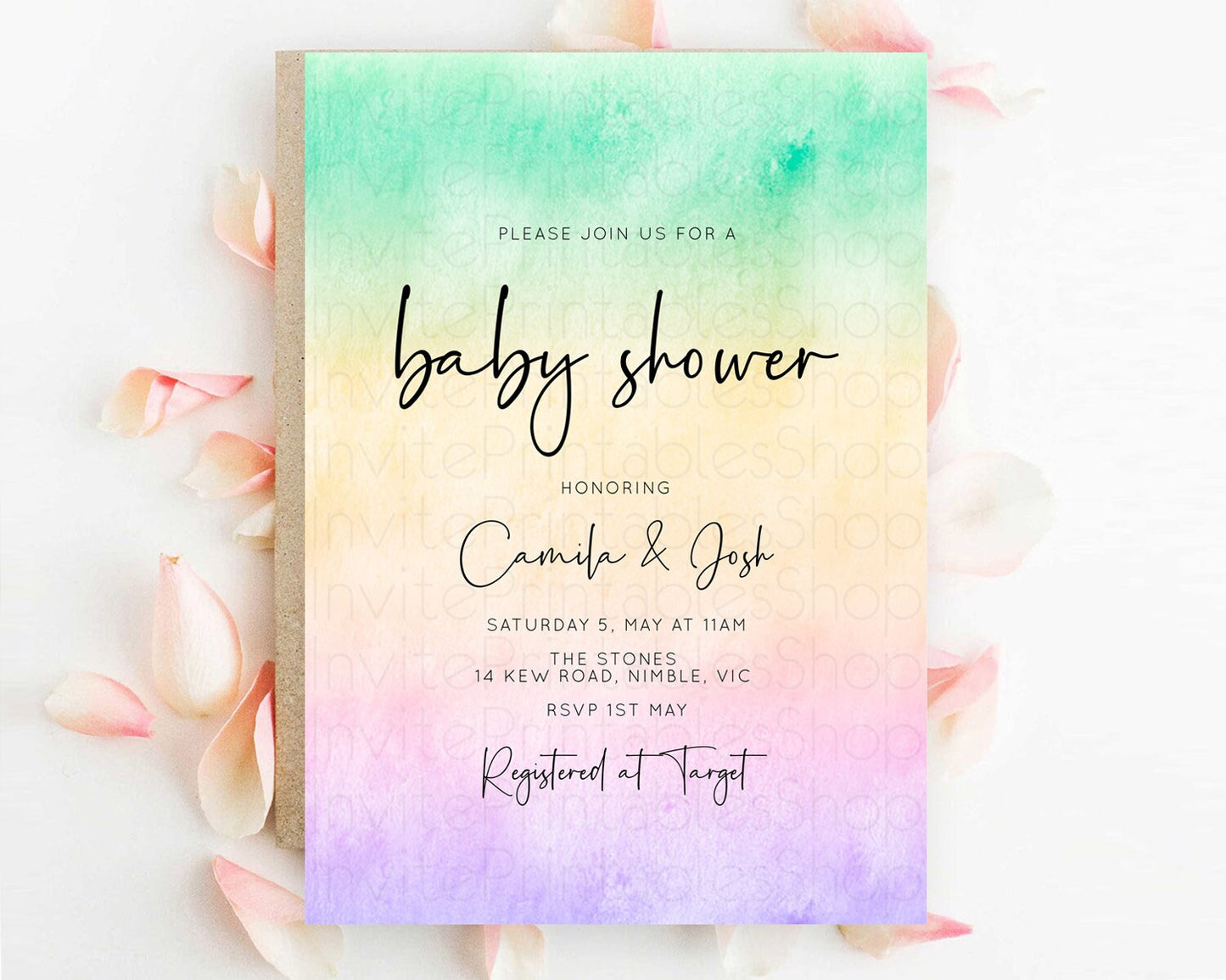 Pastel Baby Shower Invitation Rainbow Baby Shower Invitation Colorful Pastel Watercolor Invitation Gold Glitter Sprinkles Ombre D10481