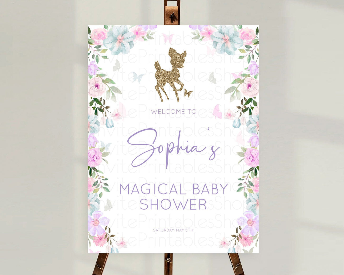 Fawn Baby Shower Welcome Sign Deer Welcome Board Floral Deer Welcome Poster Enchanted Forest Butterfly Pastel Floral Welcome Sign D10476