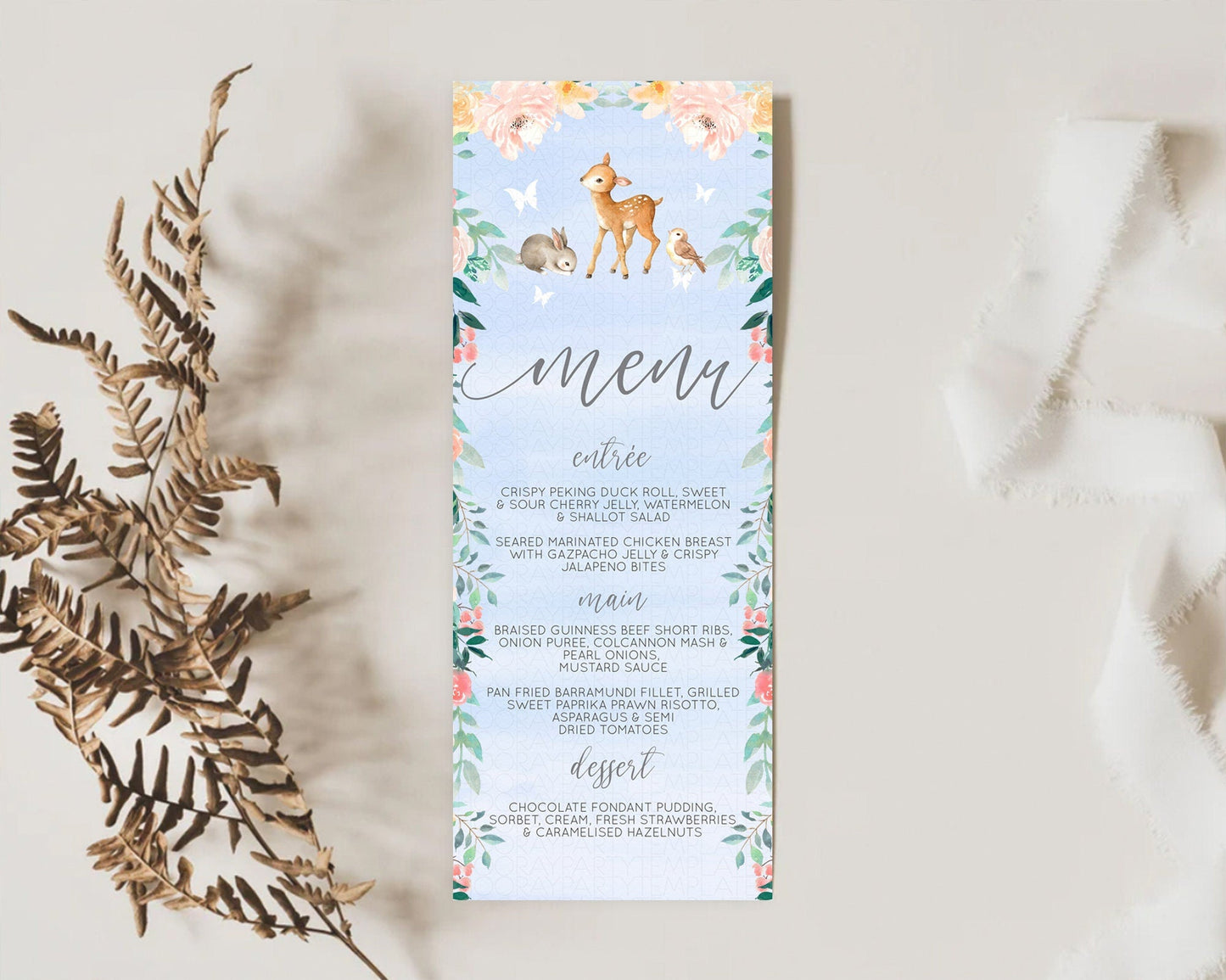 Fawn Menu Deer Menu Template Pastel Floral Deer Table Decor Enchanted Forest Butterfly Floral Dinner Dessert Menu Party Food Menu D10920